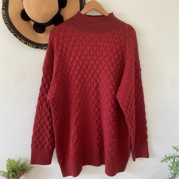 Knox Rose Red Cozy Chunky Knit Oversized Mock Turtleneck Sweater NWT - Picture 5 of 11
